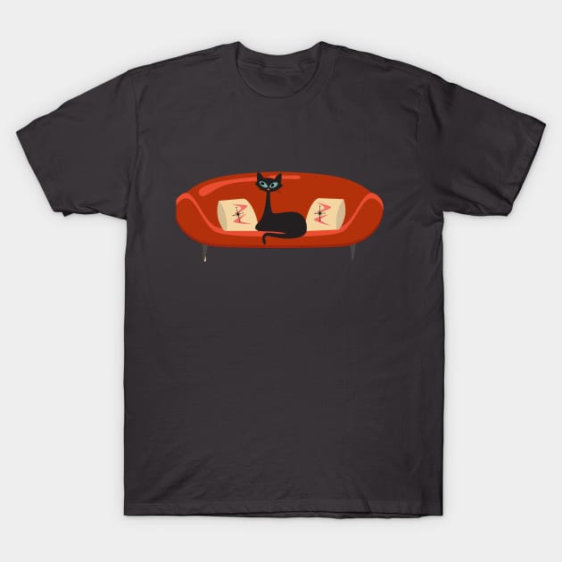 Mid Century Cat Relaxing on a Red MCM Sofa T-Shirt by Lisa Williams Design